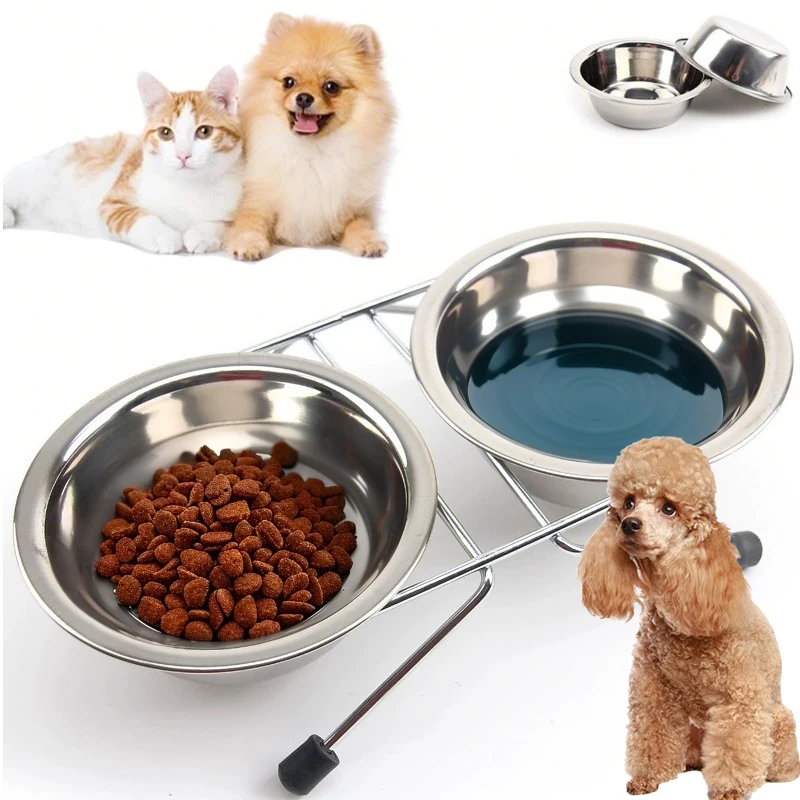 

Pet Food Double Bowl Stainless Steel Dog Bowl Durable Iron Stand Feeder Anti-splash Dog Bowl Pet Feeding and Watering Supplies