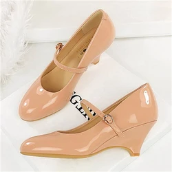 BIGTREE Spring Fashion Round Toe Buckle Strap Pumps Woman Wedges Heels Elegant Ladies Shoes Zapatillas De Mujer