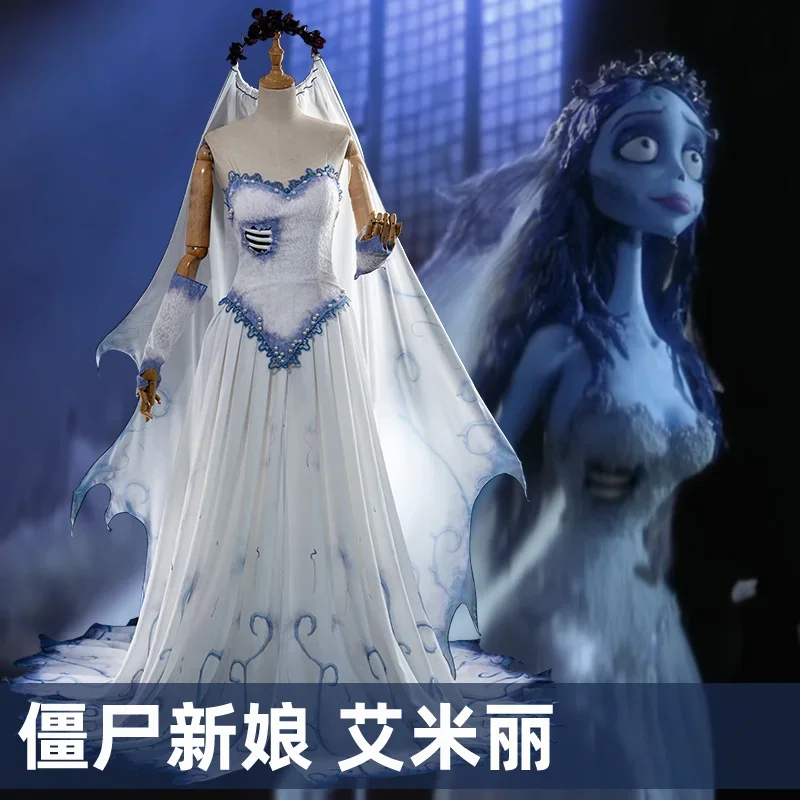 Anime Tim Burtons Corpse Bride Emily Same Style Cosplay Costume Halloween Outfits Women Clothing White Long Dress