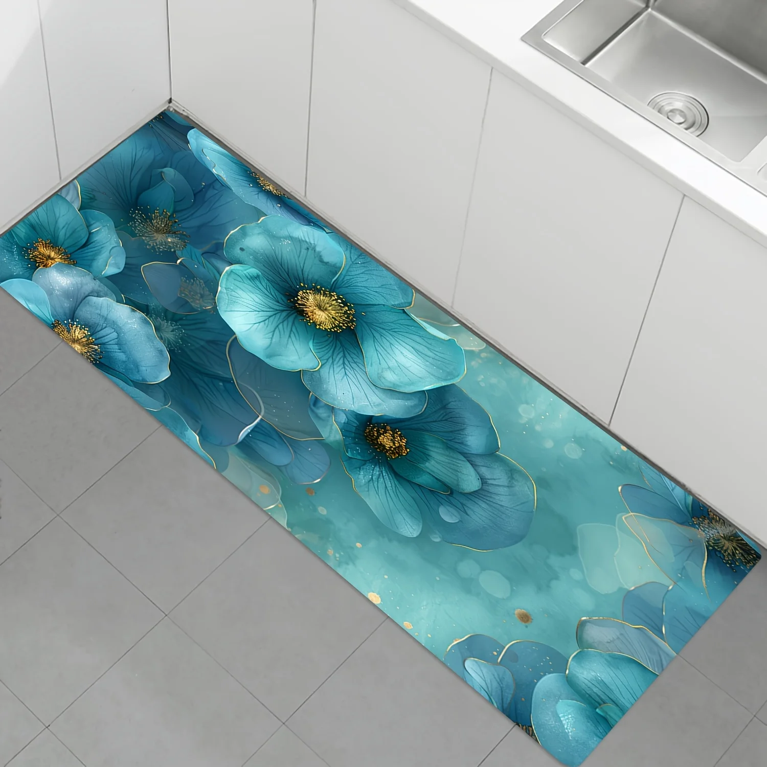 A Blue Flower Design with Golden Outlines And a Long Rectangular Mat for Laundry Rooms, Kitchens, And More. It'S Made of Soft