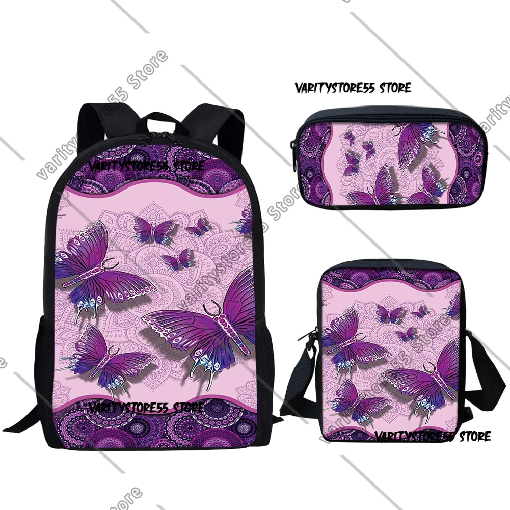 Cartoon Purple Butterfly Moon 3D Print 3pcs/Set pupil School Bags Laptop Daypack Backpack Inclined shoulder bag Pencil Case