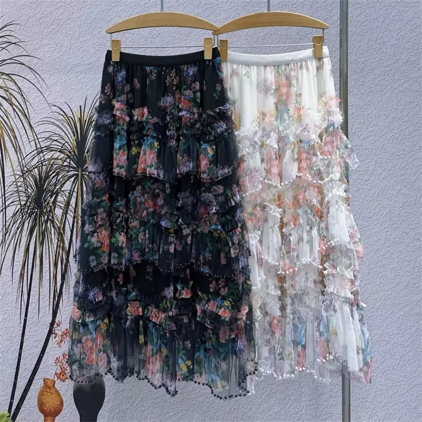 Gowyimme New Fahion Women High Waist Beading Lace Skirt Girl Midi-long A-line Irregular Skirts Bottomings Retro Big Swing PD1825