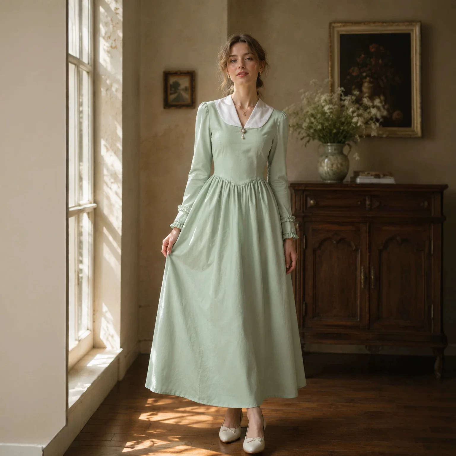 Robe de jour victorienne vintage, vêtements coloniaux pour femmes, costume de pionnière médiévale d'Halloween, robe modeste de prairie, robe de guerre de Sécession.
