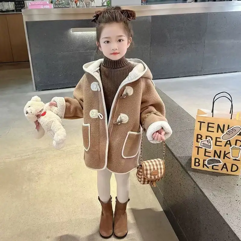 

Новинка 2025 года, термошерстяное пальто для девочек, подкладка из искусственного меха, утепленная осенне-зимняя детская зимняя одежда