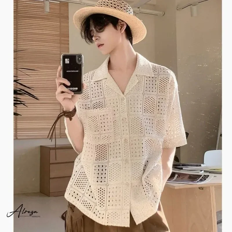 Men's Hollow Out Knit Short Sleeve Shirt Casual Loose Lapel Beach Blouse