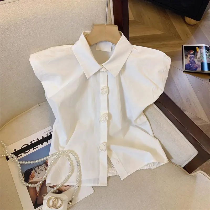 Summer New Pleated All-match Youth Blouse Short Sleeve Polo Neck Solid Short Sleeve Shirt Tops Korean Fashion Women Clothing