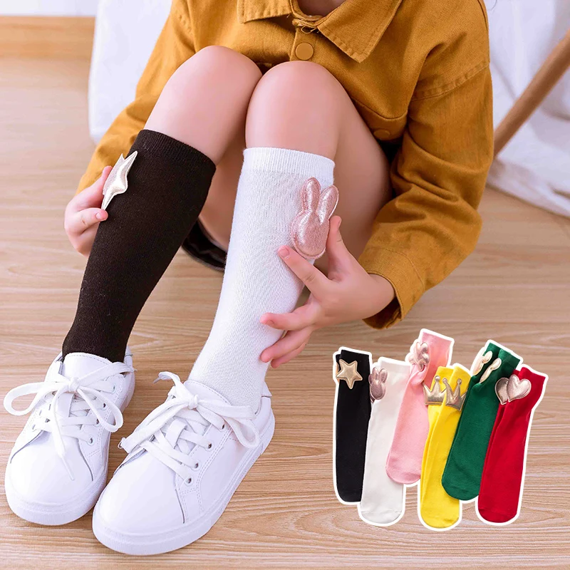 Cute Kids Candy Color Knee High Socks With Various Shiny Shape Decorations On Side Soft Elastic Breathable Skin Friendly Hosiery