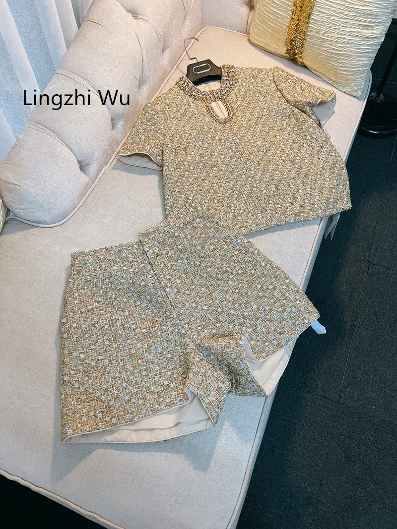 

Lingzhi Wu French Vintage Luxury Diamond Ladies Top Shorts Set Golden Tops Elegant Top Quality Skirt Suit Female New Arrival