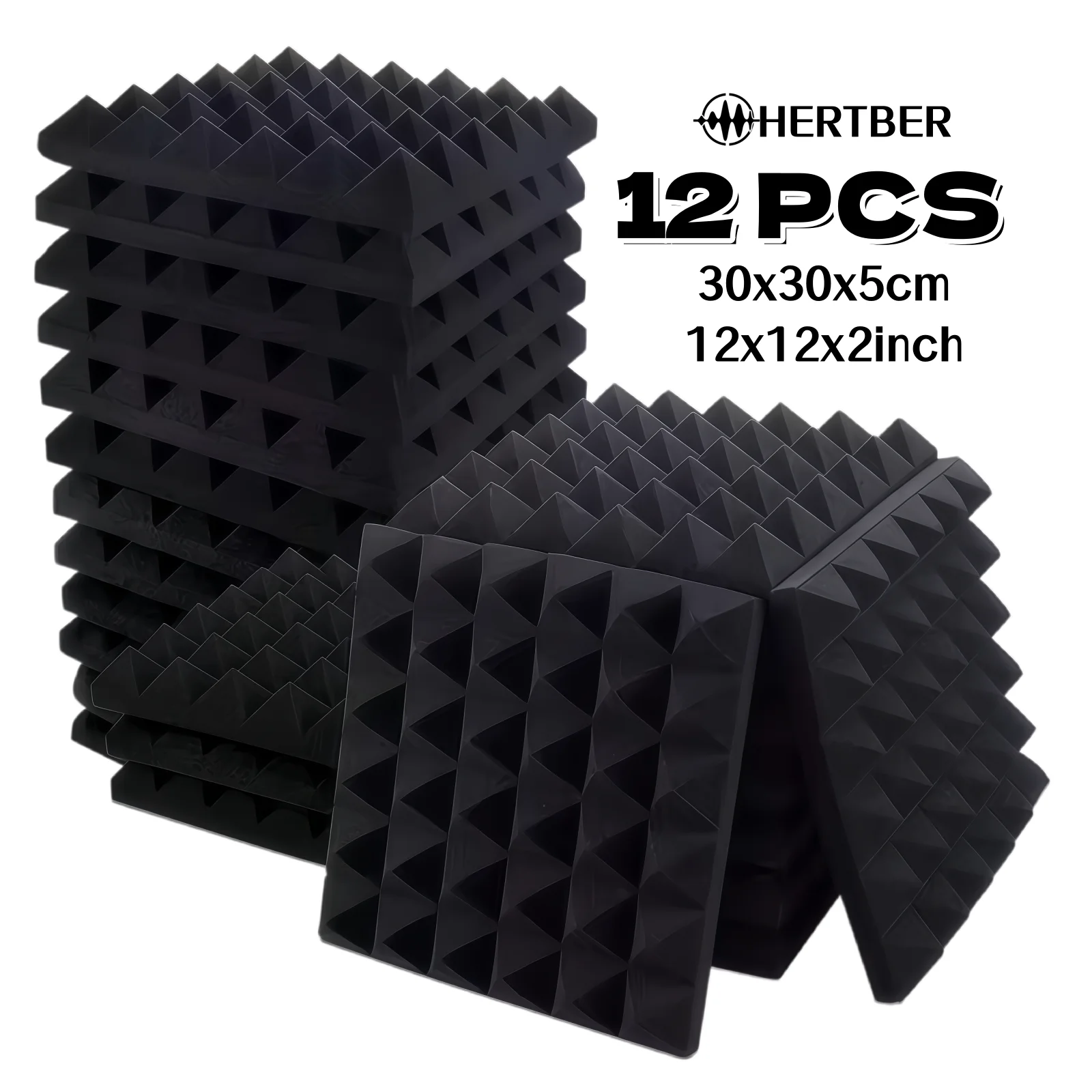 

HERTBER 12Pcs 30x30x5cm Black Pyramid Acoustic Foam Panels Vacuum Compressed No Adhesive Sound Absorbing For Studio Wall Ceiling