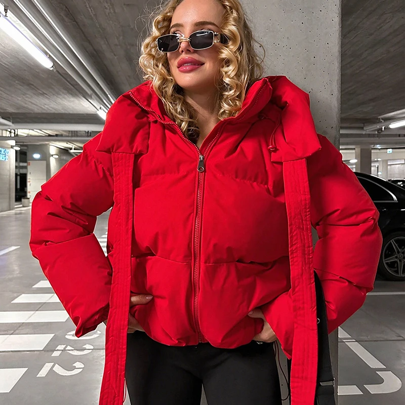 TARUXY Women Short Drawstring Puffer Jacket Cat Ear Hooded Down Cotton Padded Coat Loose Zip Up Winter Warm Leisure Street Coat