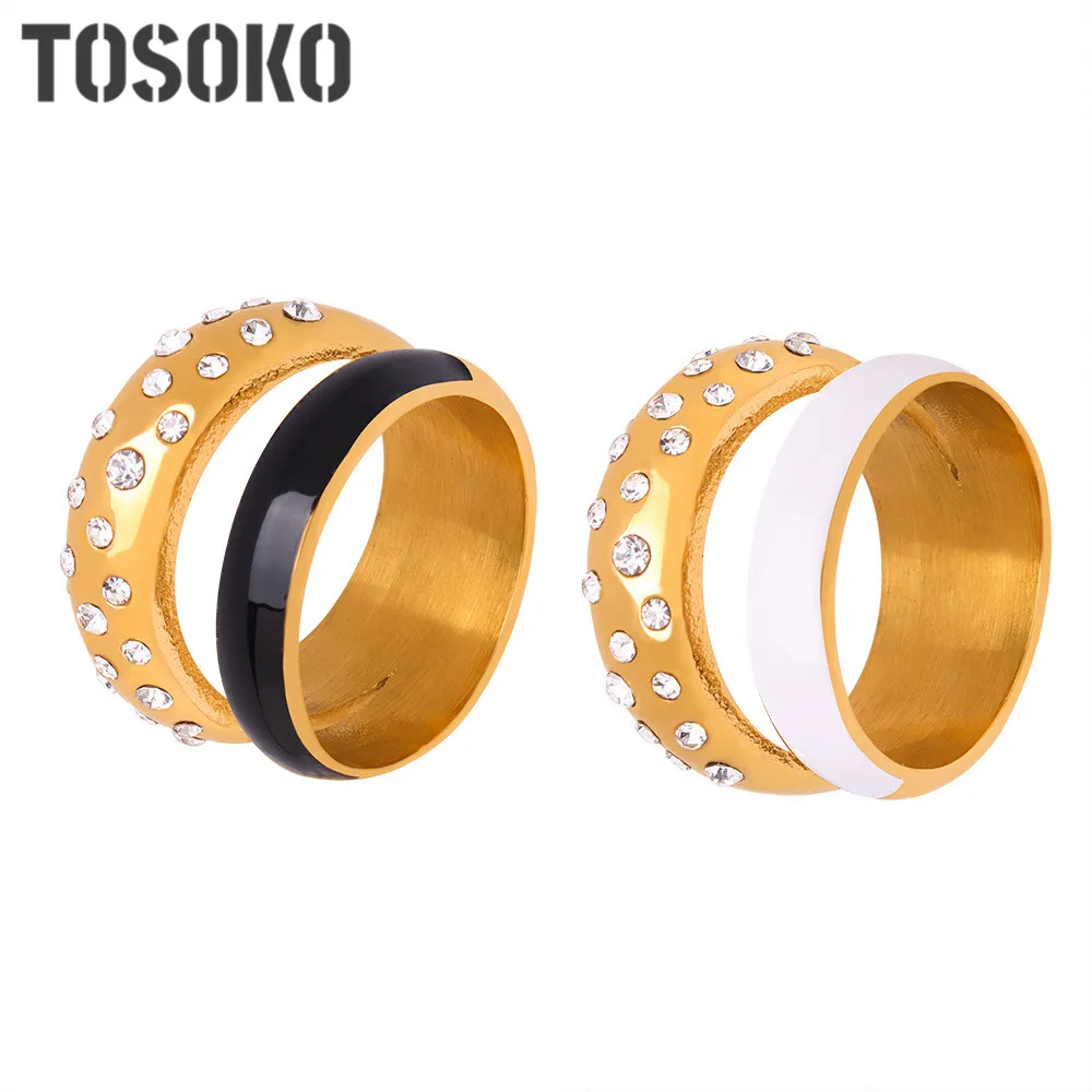 

TOSOKO Stainless Steel Jewelry Double Layered Design With Colored Weights And Oil Dripping Zircon Ring For Women's BSA540