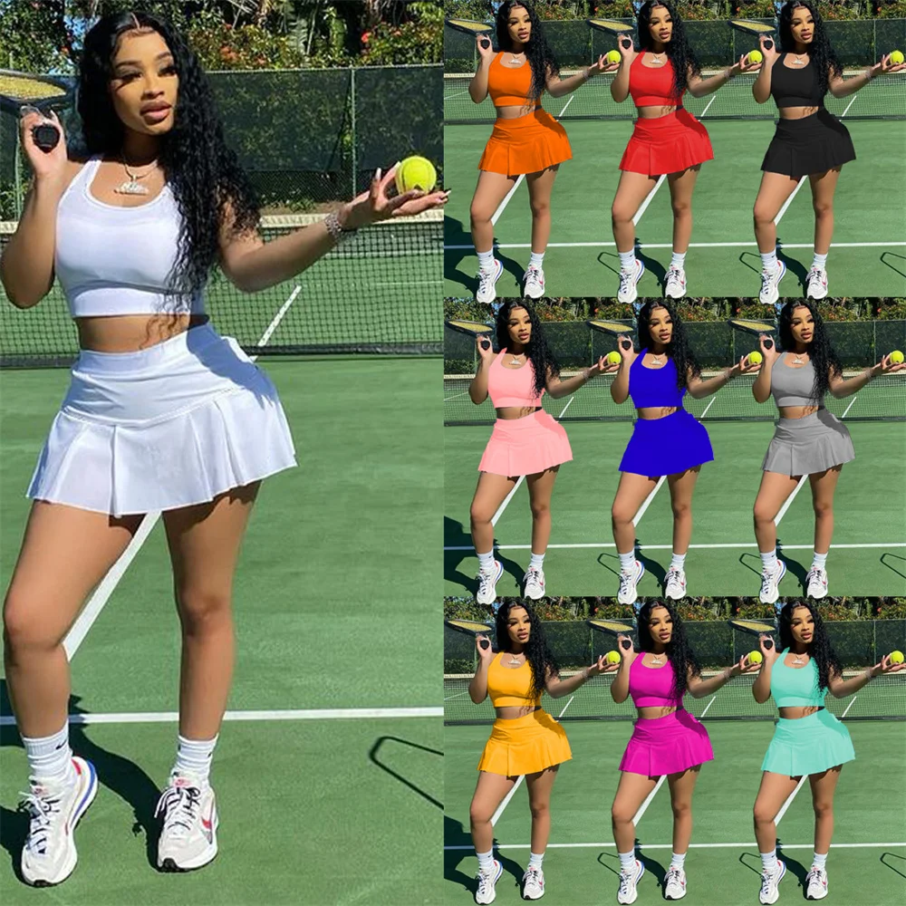 Sporty Casual Two Piece Set for Women Sweat Suits Tank Crop Top and Mini Skirt Sets Workout Fitness Matching Sets Tracksuit