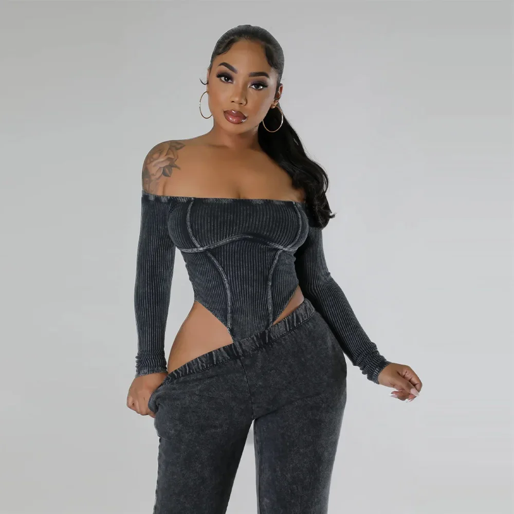 Women Sexy One Piece Off Shoulder Slash Neck Long Sleeve Expose Waist Tight Jumpsuit 2023 Summer Sexy Club Party Outfits