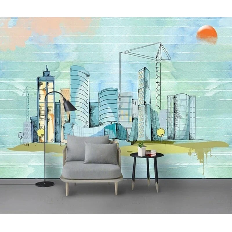 Modern And Simple Watercolor Hand-Painted Lines Urban Architecture TV Luxury Home Decoration Bedroom Background Wall Paper