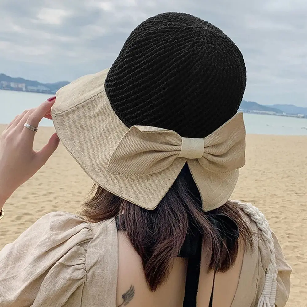 Summer Women Bucket Hat UV Protection Sun Hats Soft Foldable Wide Brim Outdoor Beach Hat Panama Cap Ponytail Cap