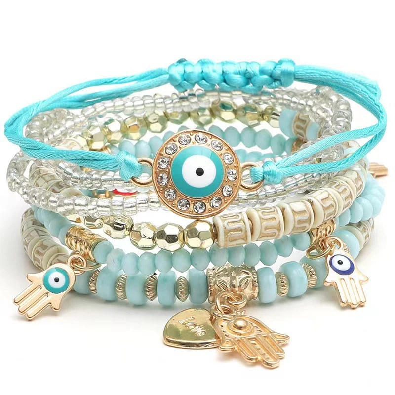 bracelet with pendants Bohemian Evil Eye Bracelet Set For Women Fatima Hand Heart Charm Beaded Rope Chain Bangle Female Jewelry