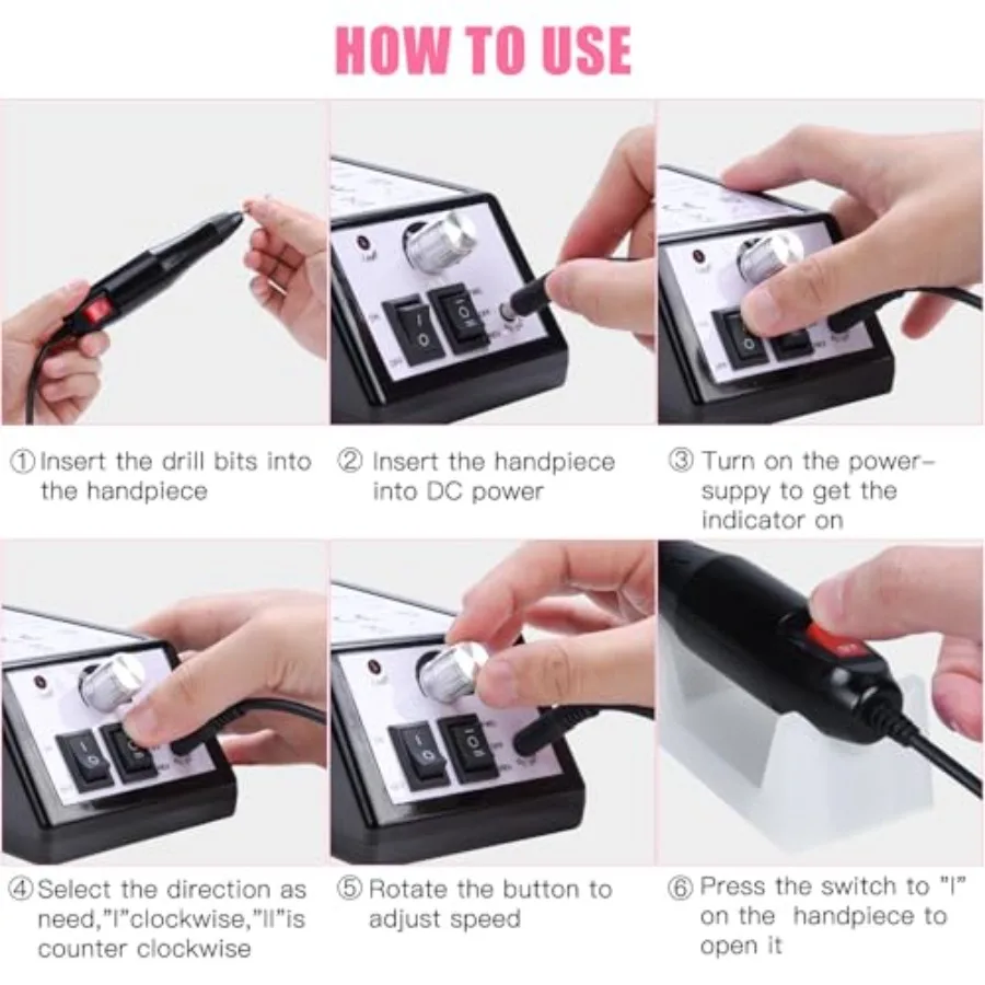 Elektryczny pilnik do paznokci z regulacją, zestaw do manicure i pedicure z taśmami ściernymi do paznokci akrylowych, żelowych i lakierowanych.