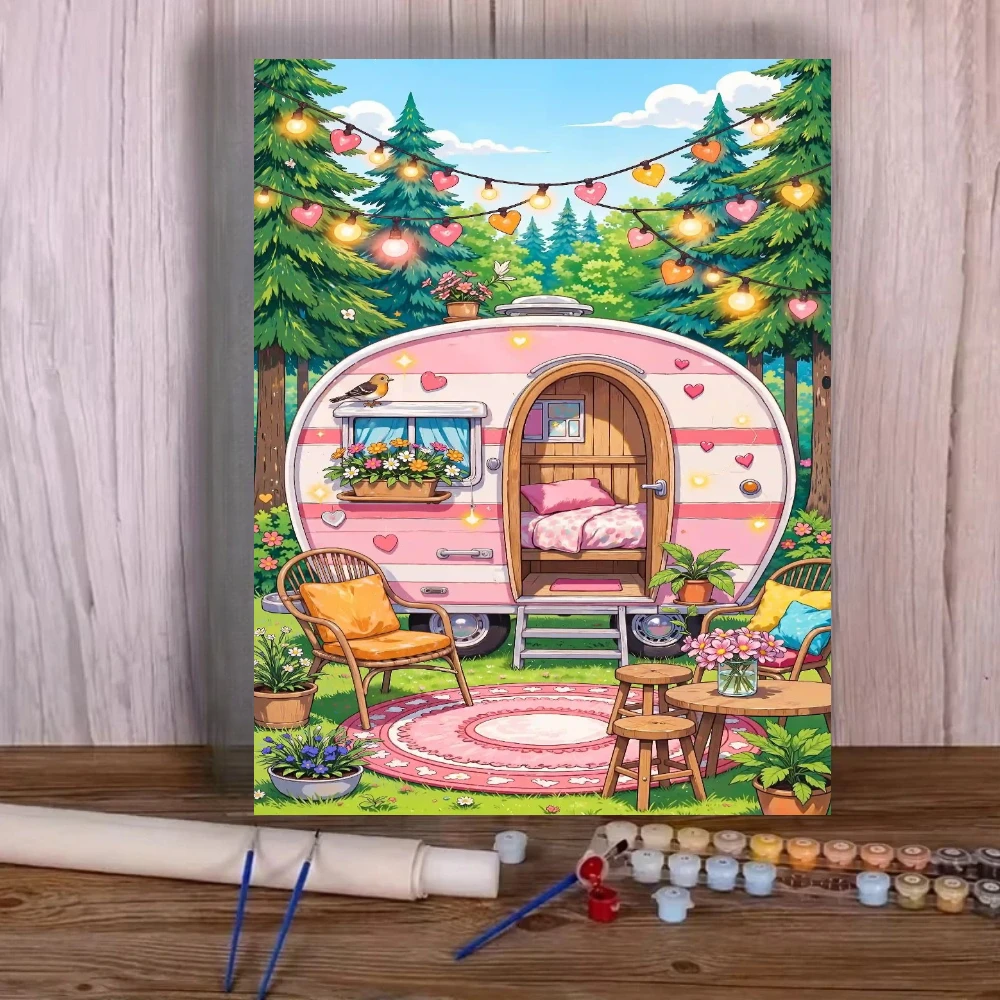 Cute Cartoon Forest Pink Camping Trailer Diamond Painting By Numbers Modern Wall Decor Diamond Art for Living Room Bedroom Gif