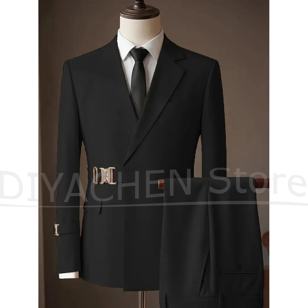 Men Suit 2 Piece Set With Gold Buckle Belt Notch Lapel Outfit Slim Fit Formal Wedding Groom Blazer Pants For Banquet Prom Party