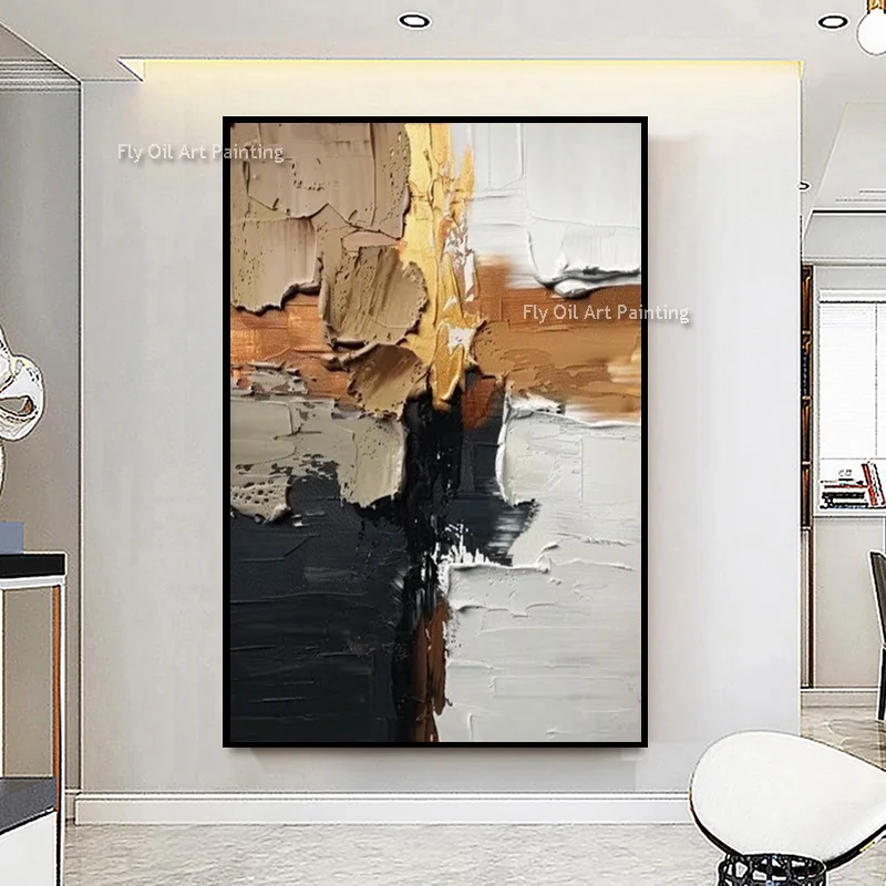 Hand Painted Black And White Abstract Knife Thick Oil Painting On Canvas New Simple Golden Home Wall Decor For Living Room