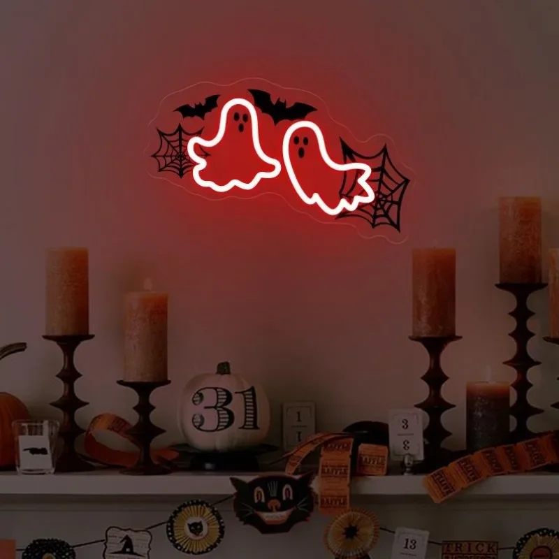 ไฟนีออน LED รูปทรงผี ลายใยแมงมุม แสงไฟกลางคืน ใช้พลังงานจาก USB ปรับความสว่างได้ เหมาะสำหรับตกแต่งห้องนอน งานปาร์ตี้ฮาโลวีน ตกแต่งหน้าต่าง ของขวัญสุดหลอน