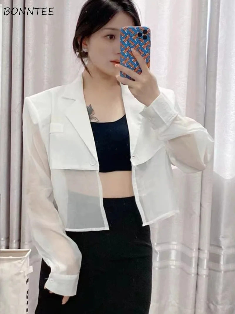 Blazers femininos moda coreana transparente all-match recortado casual diário harajuku streetwear doce picante meninas popular verão