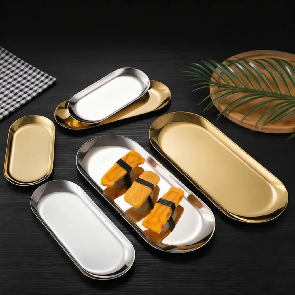 Durable Stainless Steel Oval Tray Gold Serving Dish Minimalist Food Plate For Fruits Dessert Kitchen Storage Decor Items
