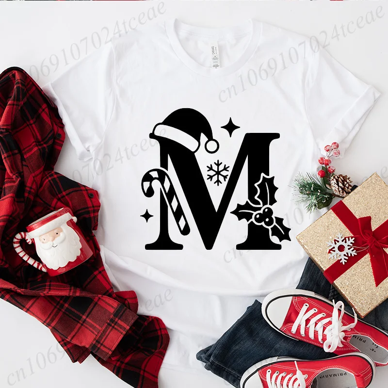 Neue Weihnachten Alphabet T-shirt frauen Mode Weihnachten Brief Drucken Tops Kurzarm T Urlaub Party Kleidung Casual Täglichen Verschleiß