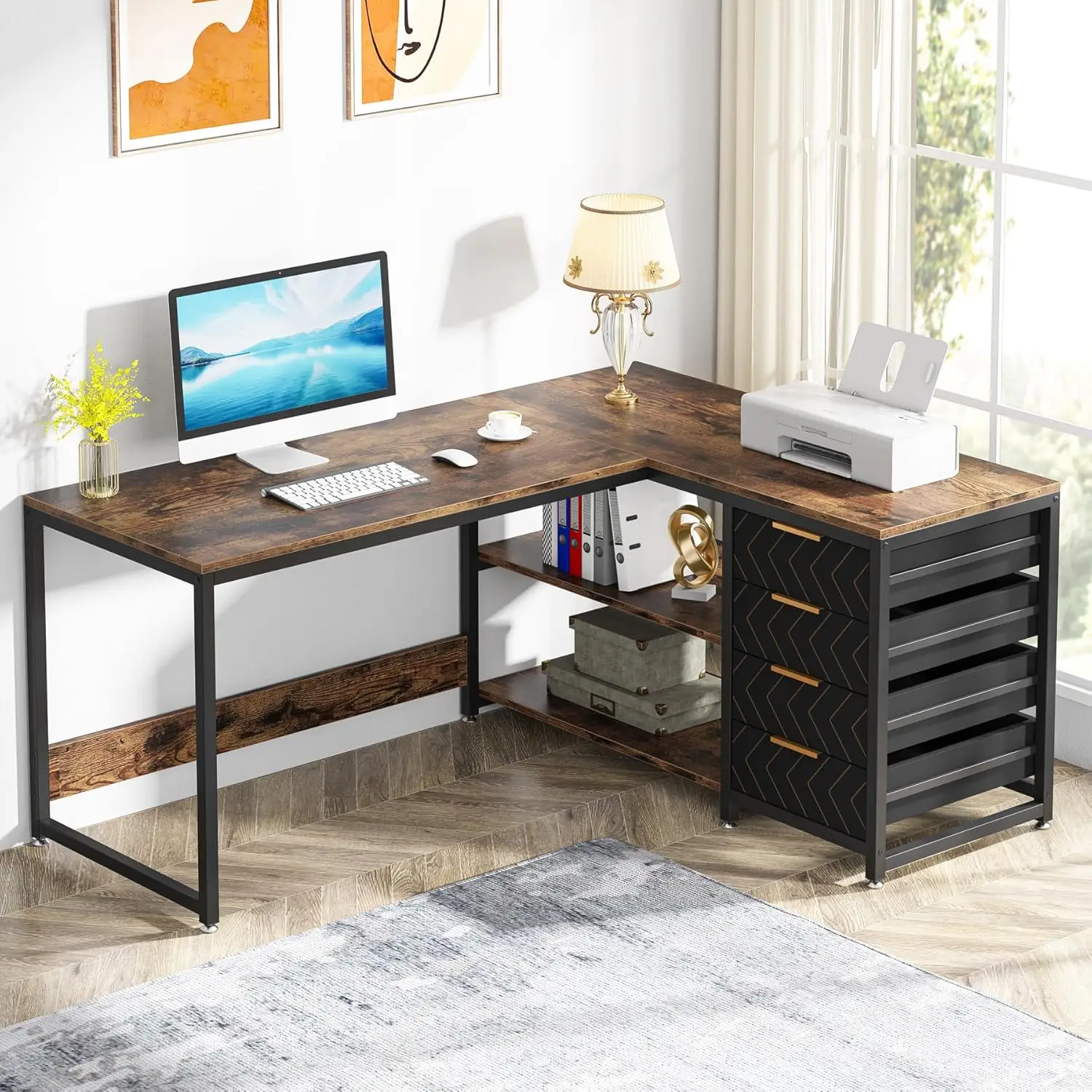 L-vormig computerbureau met opbergladen, 59 inch hoekbureau met planken, studeerkamer, werkstation voor thuiskantoor
