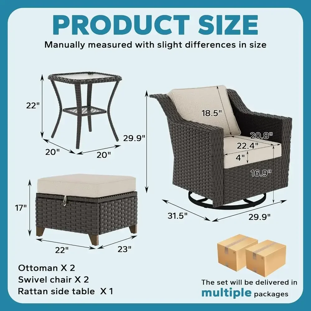 5-Piece Outdoor Wicker Patio Furniture Set with Swivel Chairs, Ottomans, and Side Table - Beige Washable Cushions for Porch or B