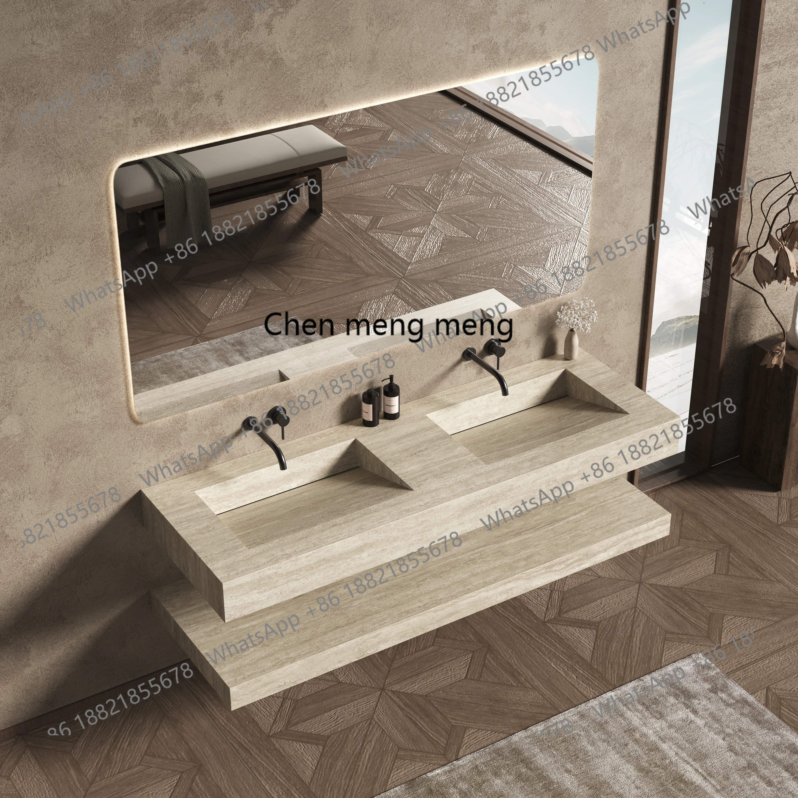 حوض حمام بدون خياطة، مزيج من حوض غسيل الترافرتين، حوض غسيل، حوض غسيل مزدوج للفندق