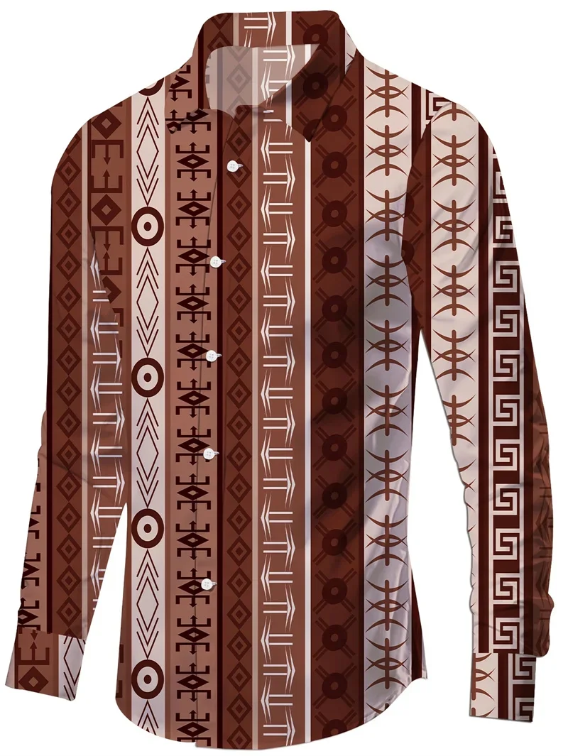 Men's dark ethnic pattern 3D printed long-sleeved lapel dress shirt simple business casual office party high-end clothing men's