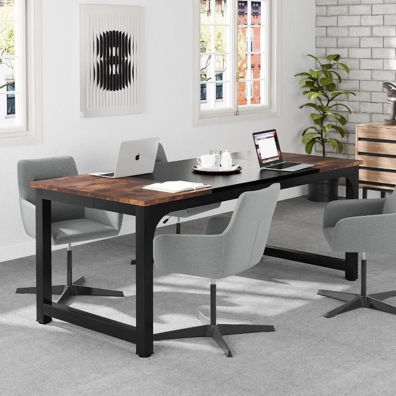 Stylish 70.8" Executive Desk, Large Home Office Desk with Sturdy Frame, Rustic Brown Modern Computer Desk for Managers