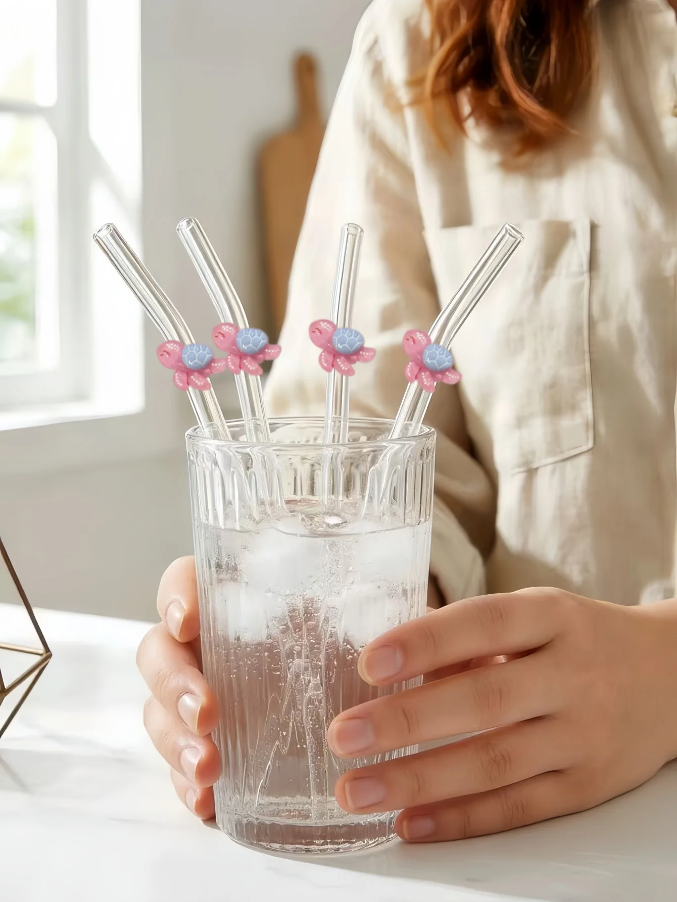 1/2/6PCS Pink Turtle Ocean Themed Glass Straw for Hot Cold Beverages, Kitchen Decor, Café Supply, Holiday Gift Party Photo Prop view 3