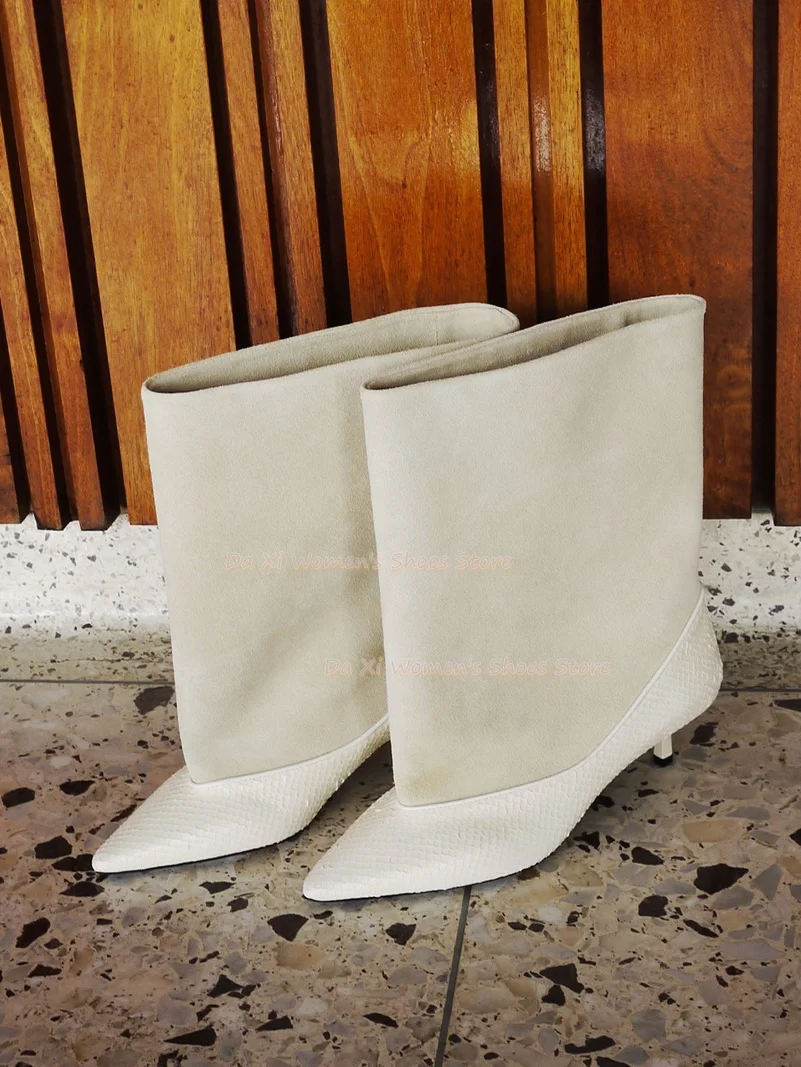 White Boot Shaft and Snakeskin Pattern Embossing Splicing  Ankle Boots Pointed Tip Loose-Fitting Kitten Heels Women's Boots
