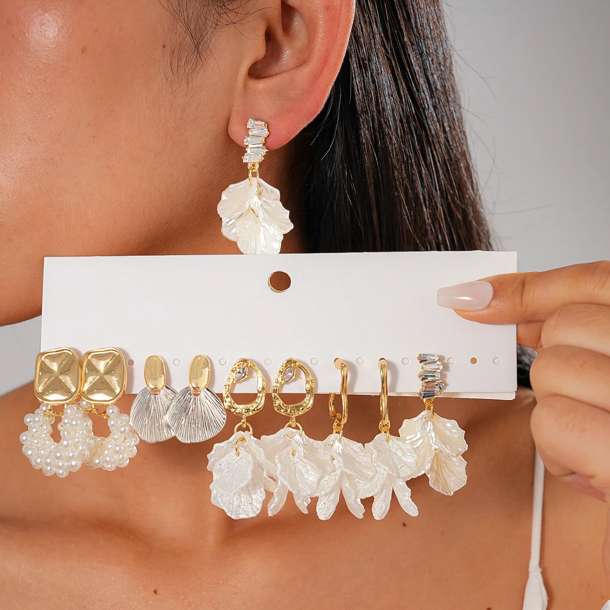 10 Pcs Set French Fashion Petals Shell Drop Earring for Women Luxury Inlay Zircon Imitation Pearl Earrings Party Jewelry Gifts