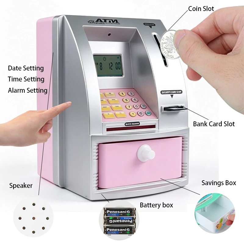 ATM Voice ATM Coin Operated Piggy Bank, Children's Mini Safe, Password Counting Piggy Bank with Time and Alarm Clock Function