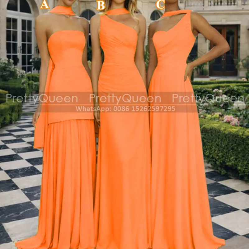 A Line Bridesmaid Dresses Long One Shoulder Strapless Customized Orange Chiffon Wedding Party Dress Maid Of Honor