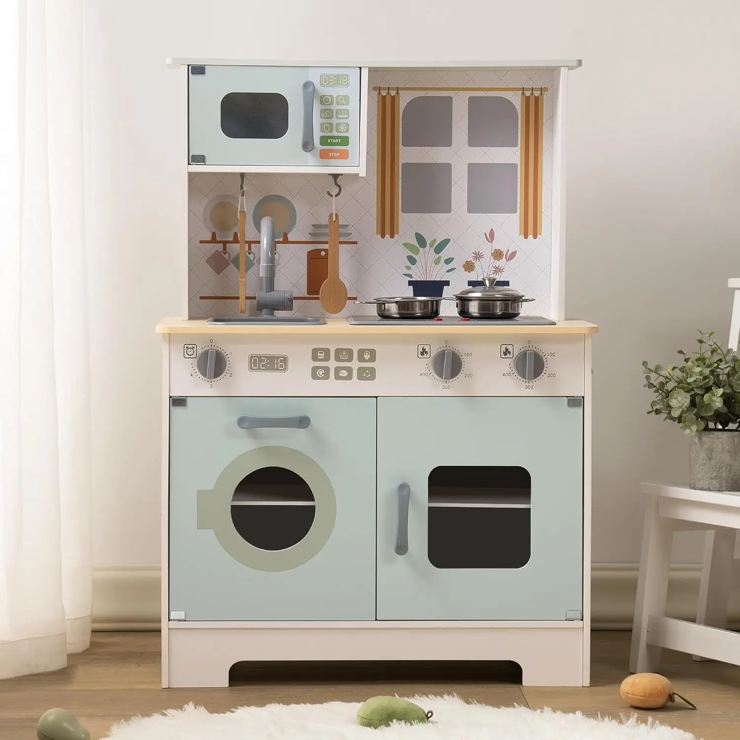 Set da cucina per bambini piccoli, Set da gioco da cucina in legno per bambini con luci e suoni reali, regalo da cucina per bambini finti