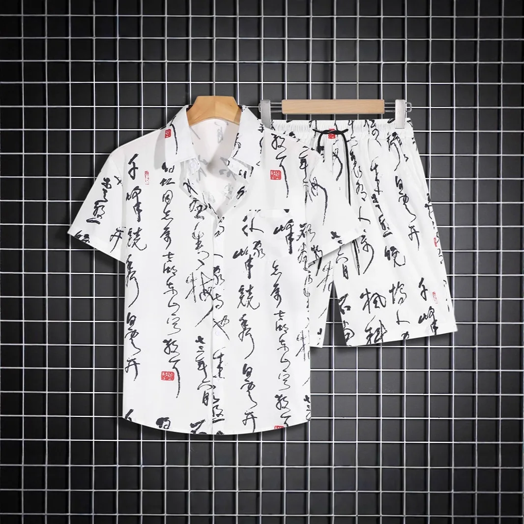 Fashion Youthful Hawaii leaf calligraphy 3D Print shirt +Shorts Short Sleeve Flip collar shirts half pants Two Piece Set