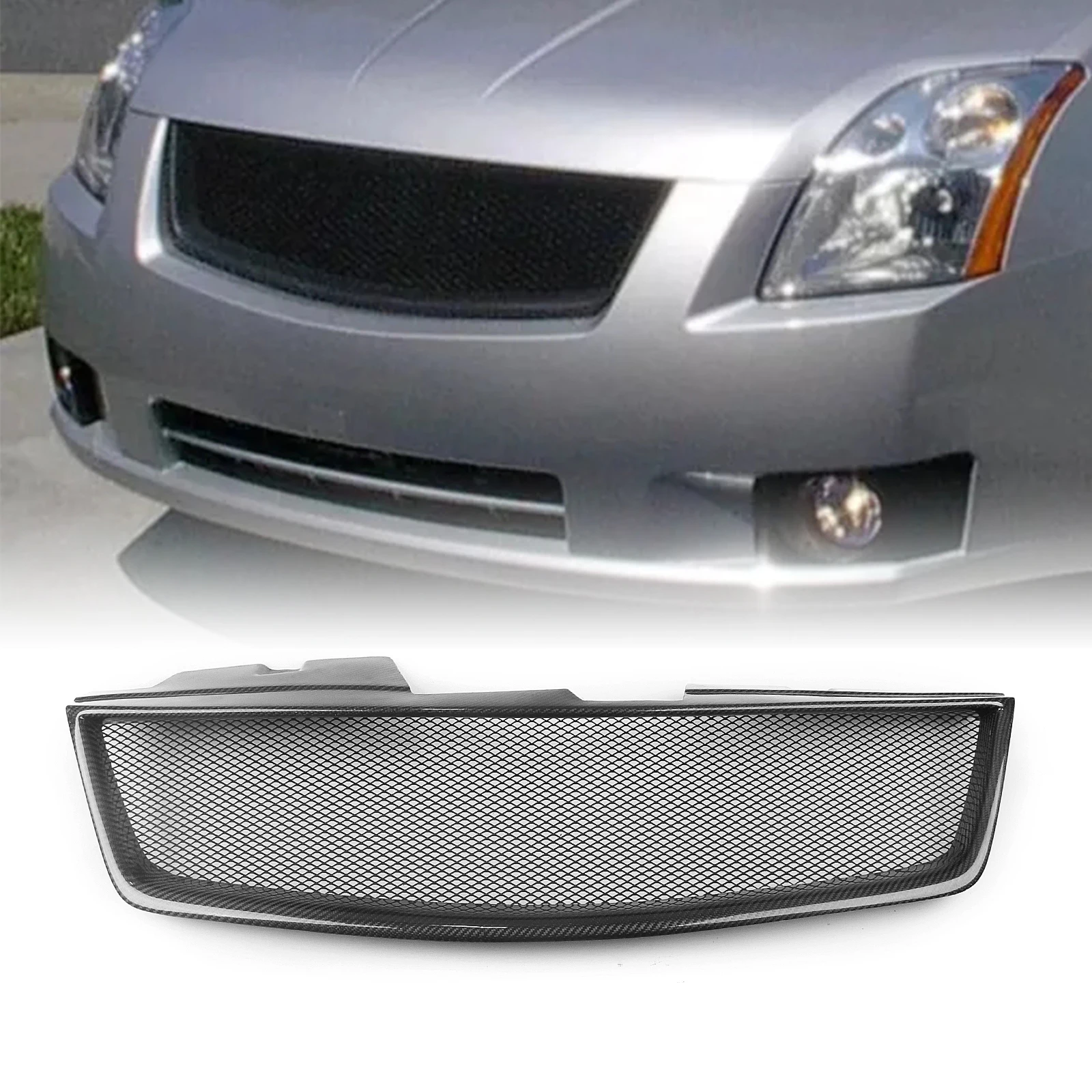 Front Grille Racing Grill For Nissan Sentra 2007-2009 Base S SL Carbon Fiber/Fiberglass Honeycomb Style Upper Bumper Hood Mesh