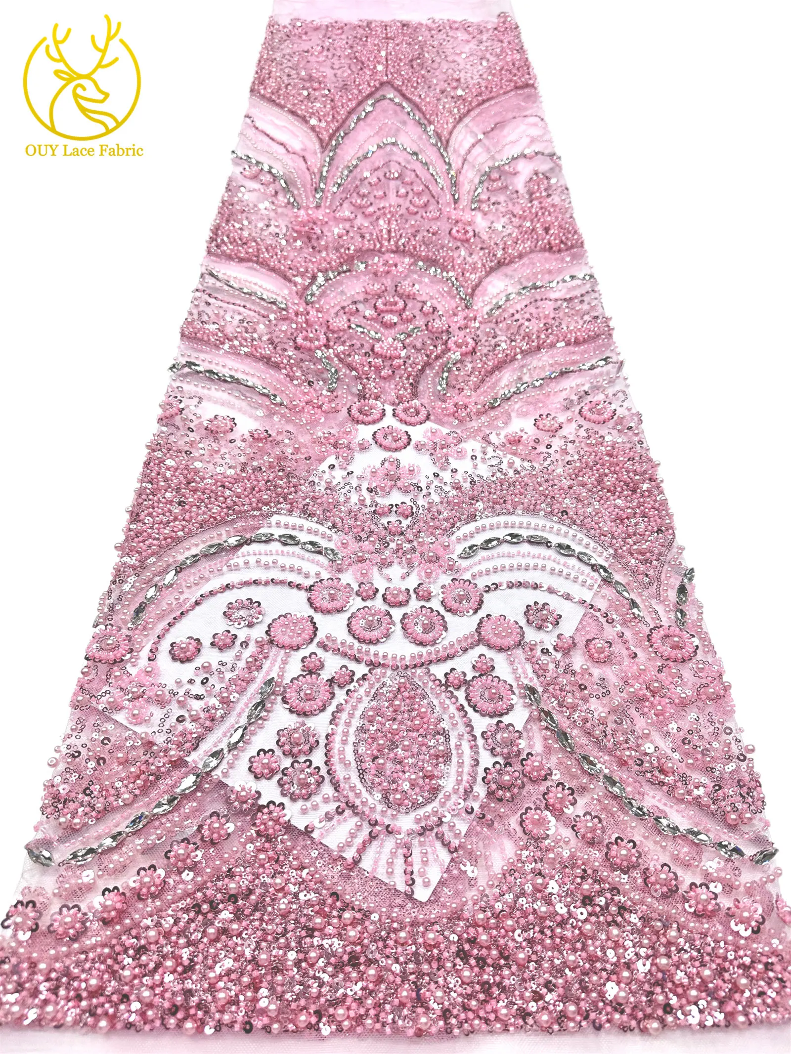 Luxuriöser königlicher lila afrikanischer handgefertigter Perlen-Spitzenstoff, französischer Pailletten-Stein-Tüll-Spitzenstoff für Hochzeitskleid-Design – Detail 24