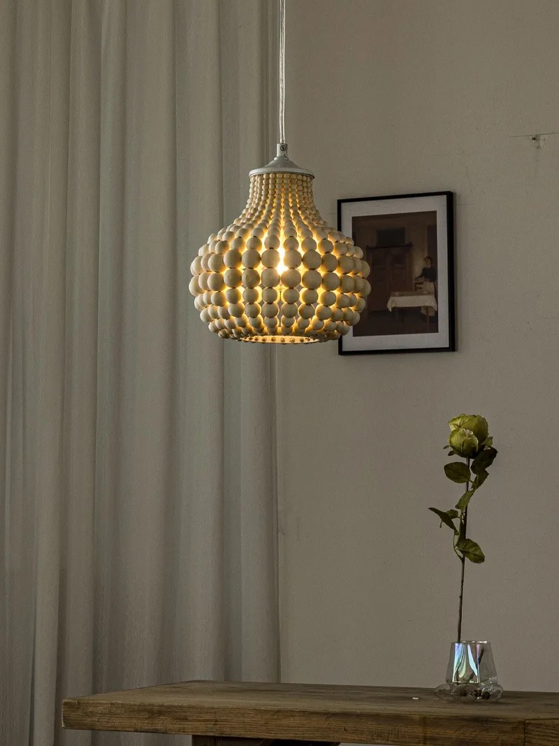 French Style Rural Wooden Bead Single Head Led Pendant Light For Bedroom Bedside Dining Room Entrance Hallway Lighting Fixtures