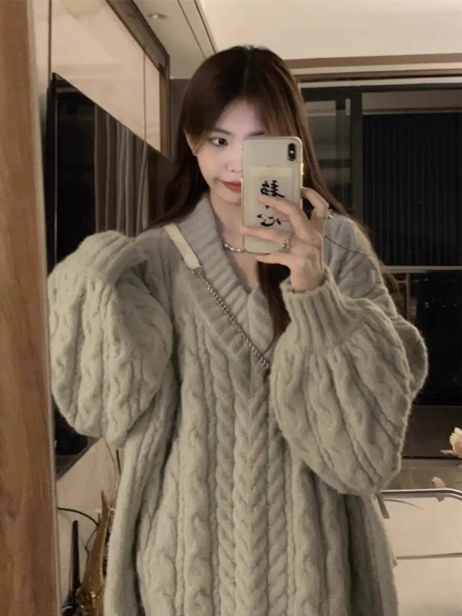 

Women Loose Sweater 2025 Autumn Winter Women's Oversized V Neck Knitting Sweater Loose Outerwear Thickened Chunky Knit Pullover
