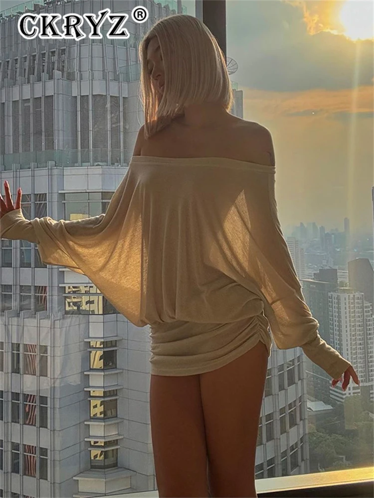 

Ladies Off Shoulder Long Sleeves Ruched Patchwork New Mini Dress Women’S Sexy Elegant Casual Outfit Party Clubwear Summer Autum