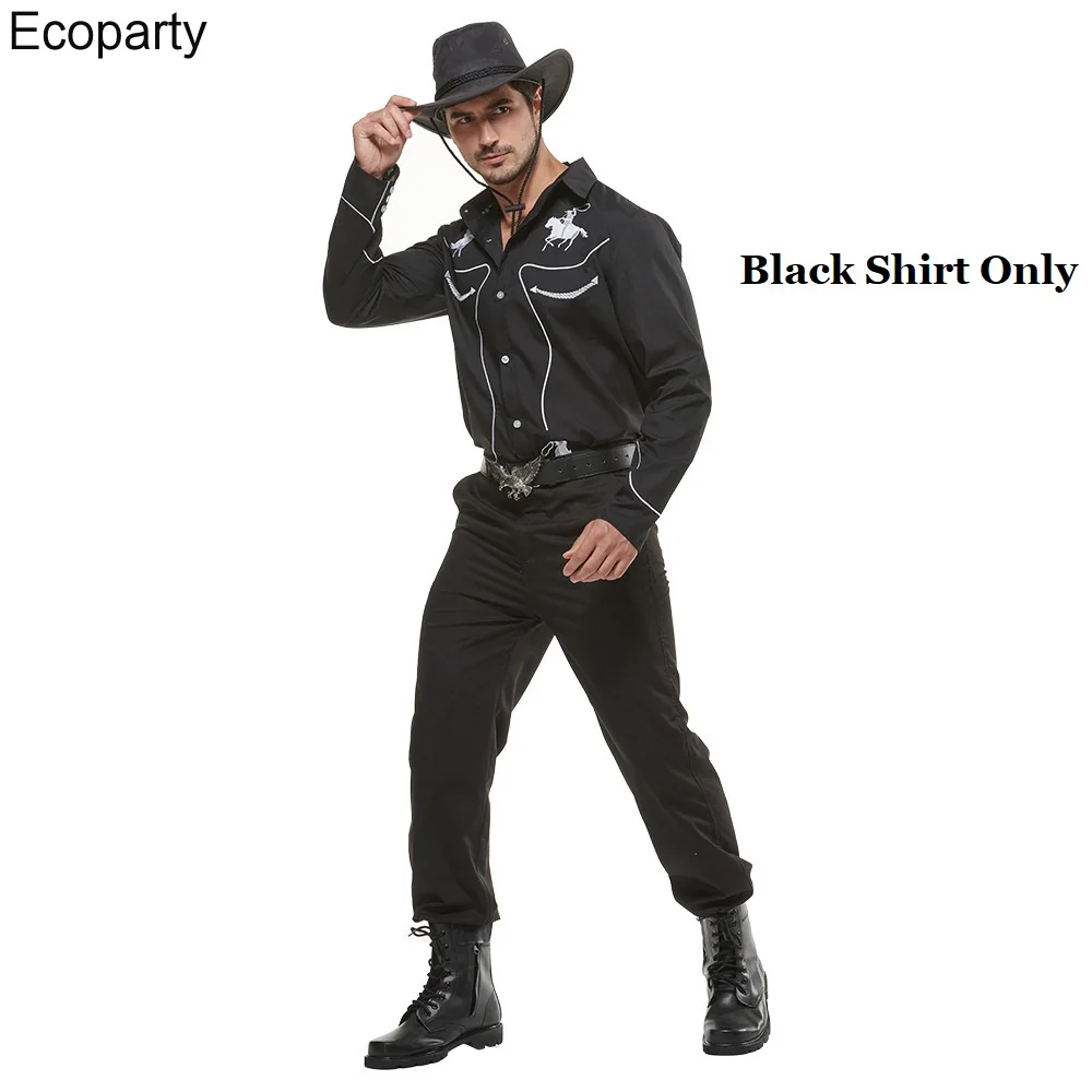 Men's Western Traditional Cowboy Cosplay Shirts Black Retro Embroidered Long Sleeve Single-Breasted Tops Halloween Party Outfits