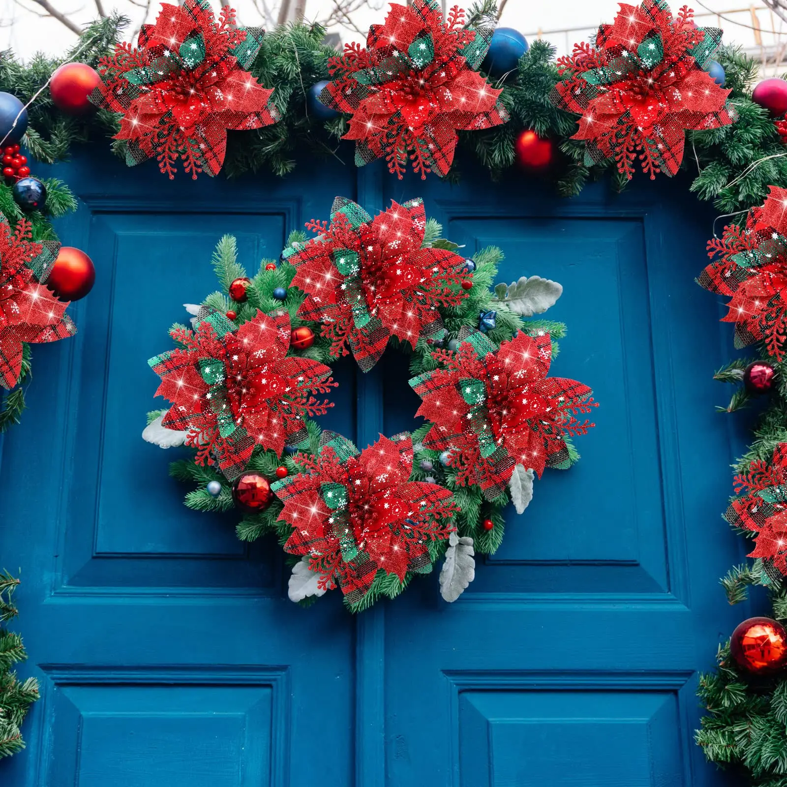 12 قطعة البونسيتة الاصطناعية عيد الميلاد بريق الزهور مع مقاطع شجرة عيد الميلاد زهرة زخرفة إكليل عيد الميلاد DIY بها بنفسك ديكور المنزل #3