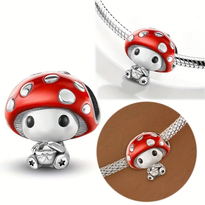 925 Silberfarbene Exquisite Pilz- und Rosa-Rock-Koffer-Anhänger-Perlen für DIY-Armbänder und Armreifen – Modischer, hochwertiger Schmuck