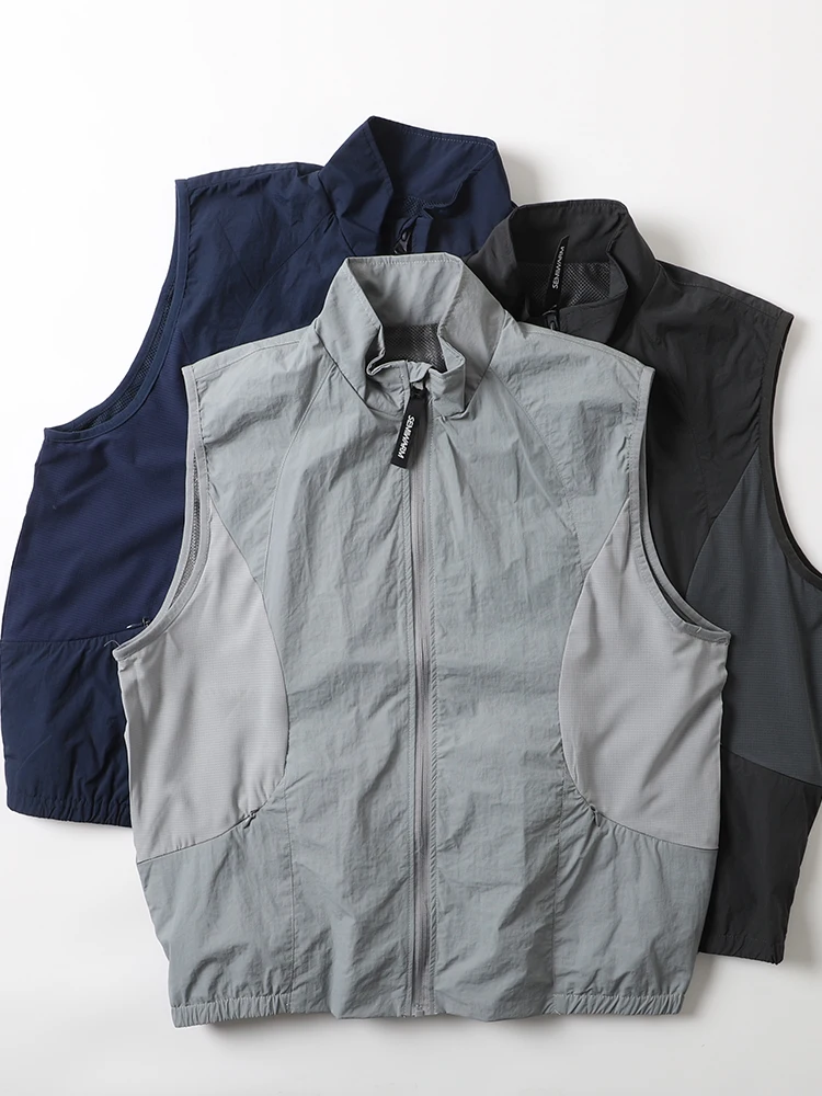 

Легкий дышащий повседневный жилет из нейлона для мужчин, весенне-летний, тонкий, с воротником-стойкой, с наплечными вставками, модный молодежный стиль
