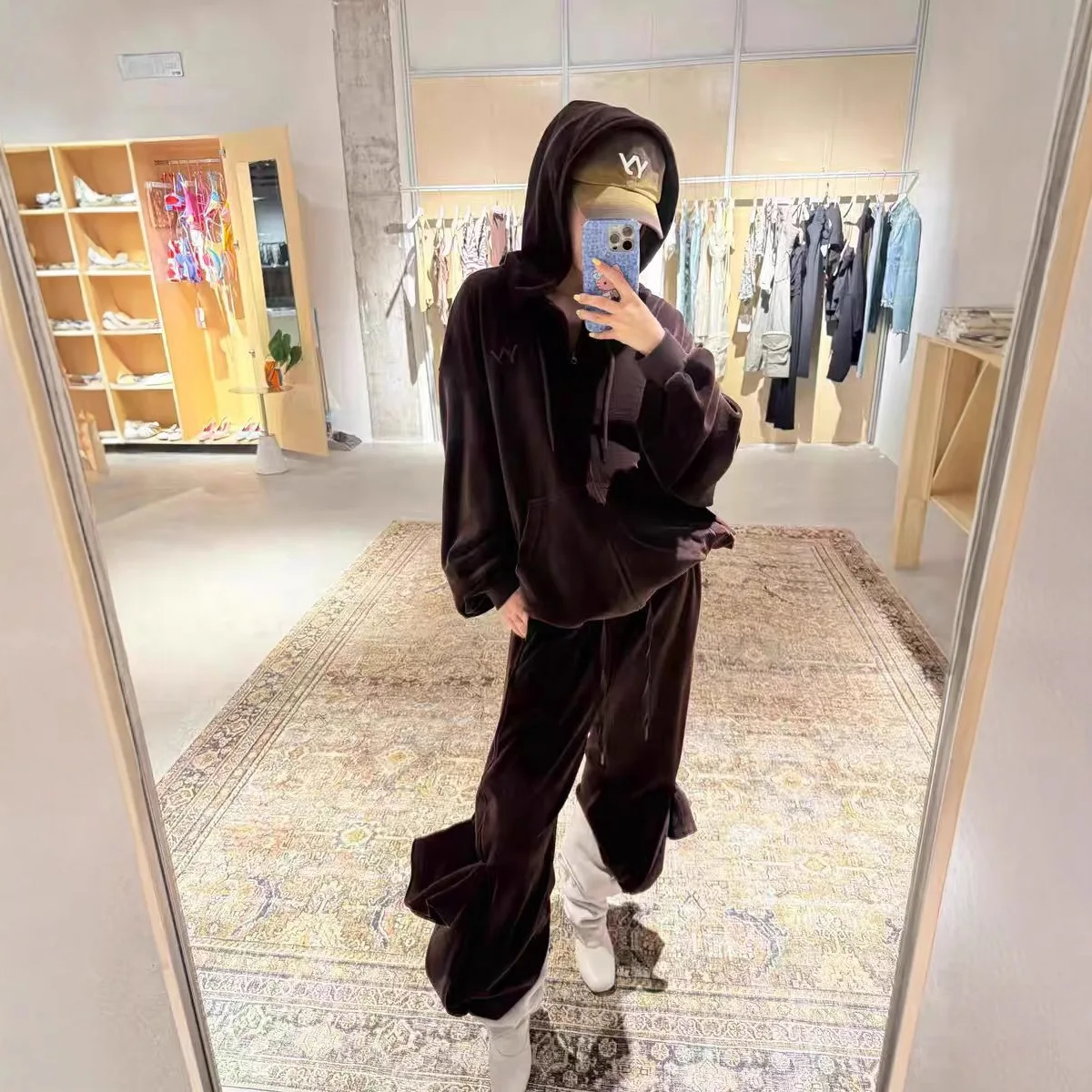 

Korean Velvet Hooded Zipper Sweatshirt Jacket Pants Set Loose Fit Comfortable Casual Sportswear for Women Autumn Season